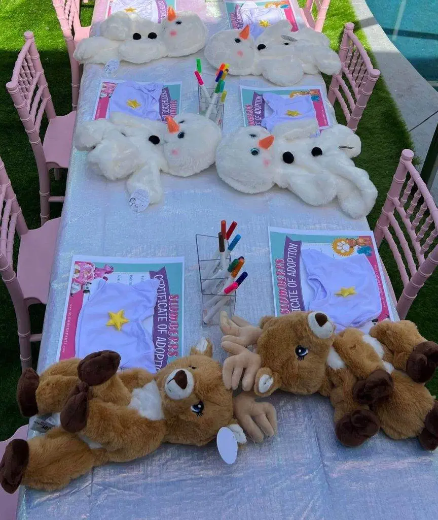 Who's Going To Entertain The Kids During A Wedding? 12 If you are looking for a way to entertain the kids during a wedding this picture of a long 6ft table and chairs pictures in the photo includes build a bear party materials next to birth certificates.